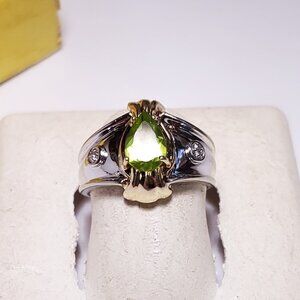 Estate .75ctw Natural Teardrop Peridot & Diamond Etruscan 10Kt 2Tone Ring #23829
